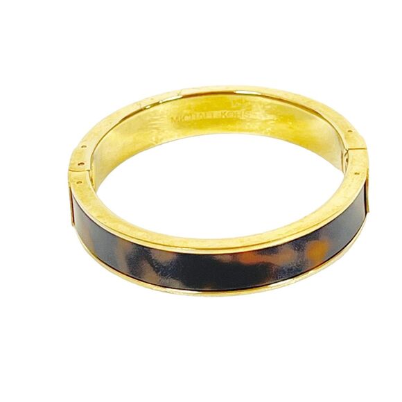 MICHAEL KORS Fulton Tortoise Gold Tone Hinge BANGLE BRACELET "MK" Designer Logo - Picture 4 of 9
